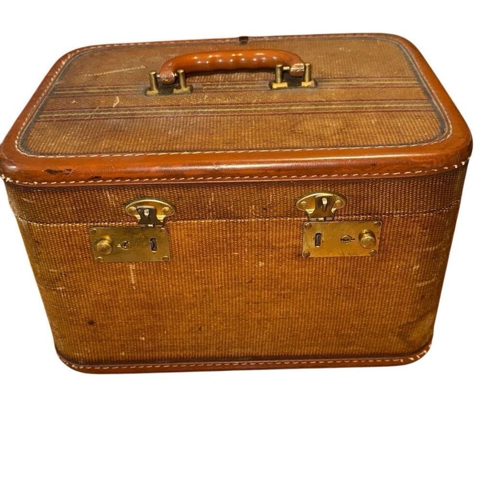 VTG MCM WOODEN, tweed, textured train case w mirror Hard Shell Train/Cosmetic/Ma